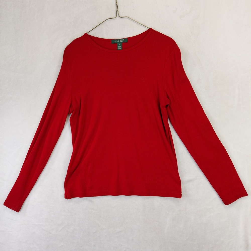 Lauren Ralph Lauren Womens Red Ribbed Cotton Long Sleeve Logo Top Small